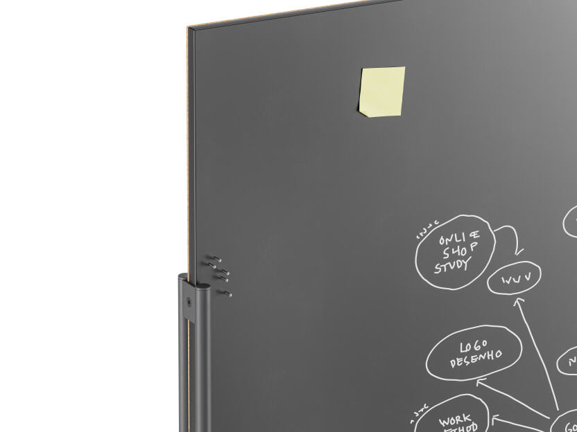 Corner detail of a black and magnetic whiteboards with black aluminum stands designed by Michel Charlot for FAUST Linoleum
