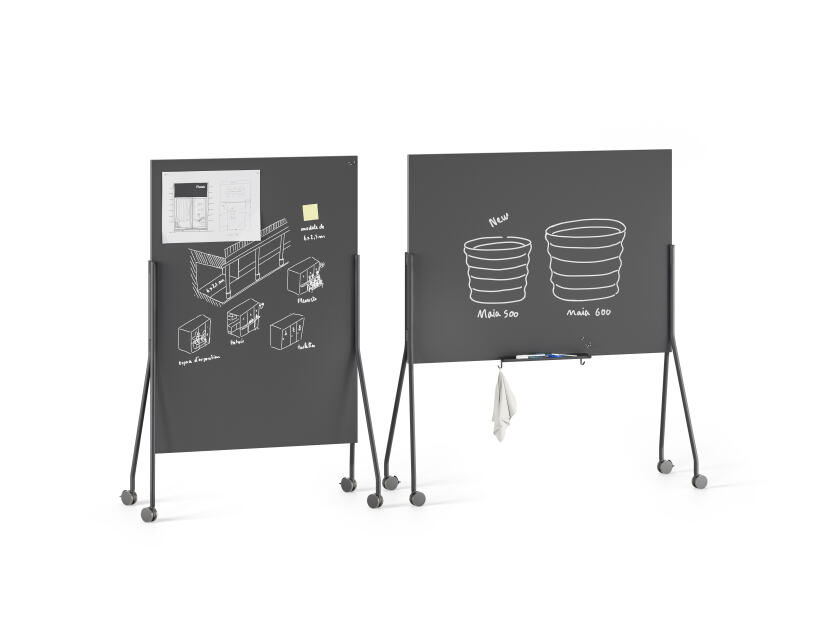 Mobile double sided black and magnetic whiteboards with black aluminum stands and locking wheels designed by Michel Charlot for FAUST Linoleum