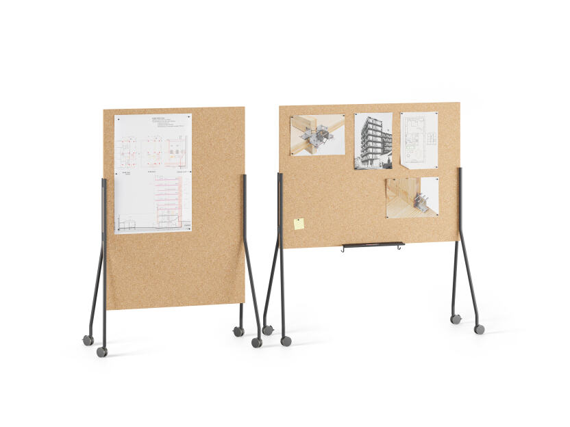 Mobile double sided cork board with black metal stand and locking wheels designed by Michel Charlot for FAUST Linoleum