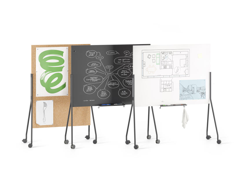 Mobile double sided whiteboards with black aluminum stands and locking wheels designed by Michel Charlot for FAUST Linoleum