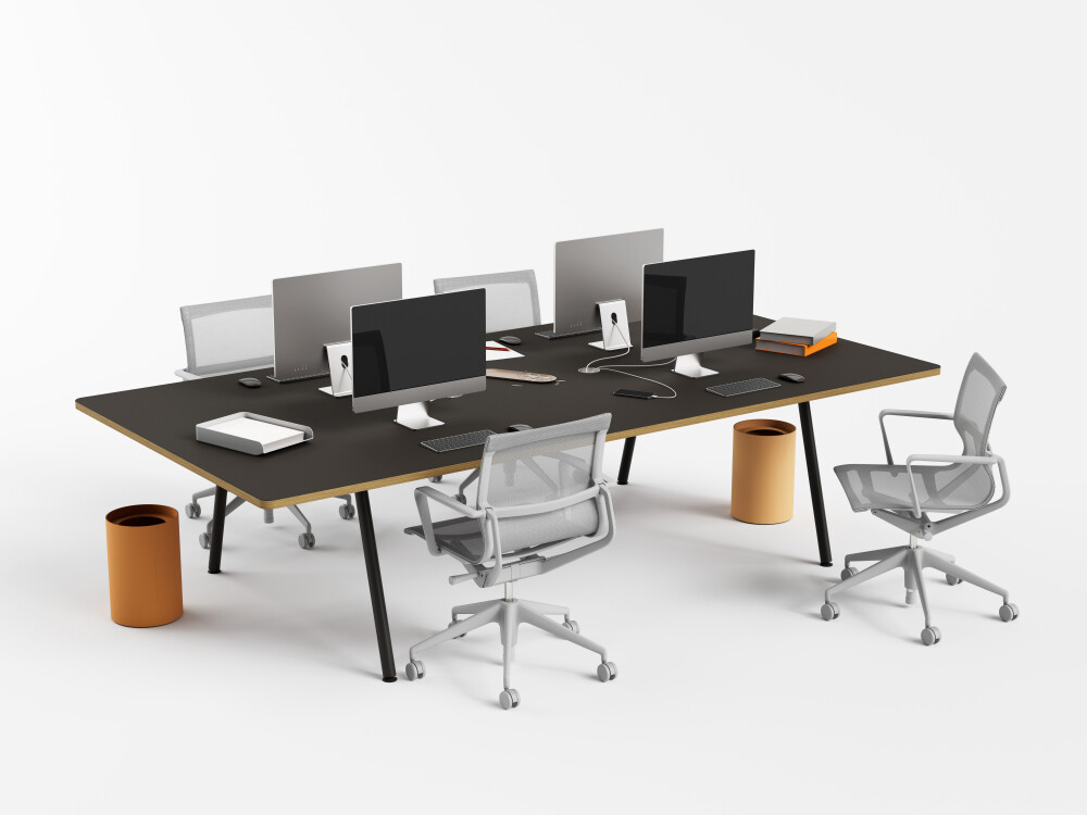 Black DIN Plus office desk with oak edge and black rectangular metal frame, furnished with monitors and chairs.