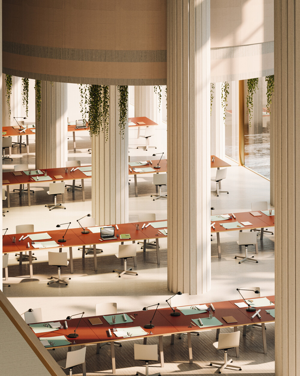 Large office with DIN Tables by Faust, rust-red linoleum surface and wooden frame, with chairs, lamps and office accessories.