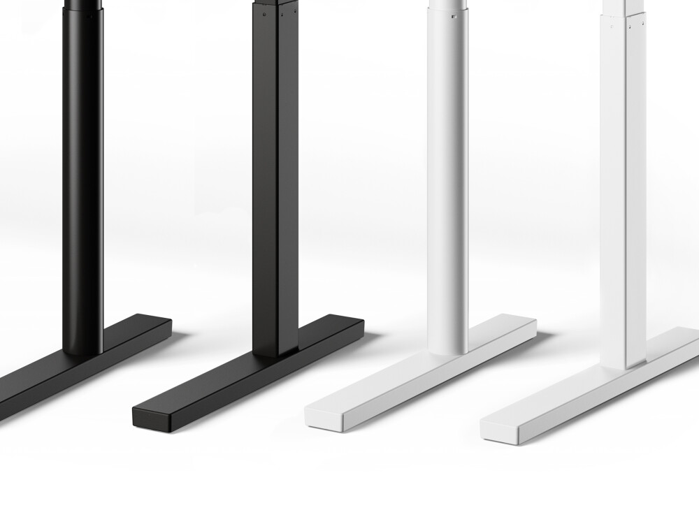 Various ATS desk frames in black and white, displayed in a row next to each other against a white background.