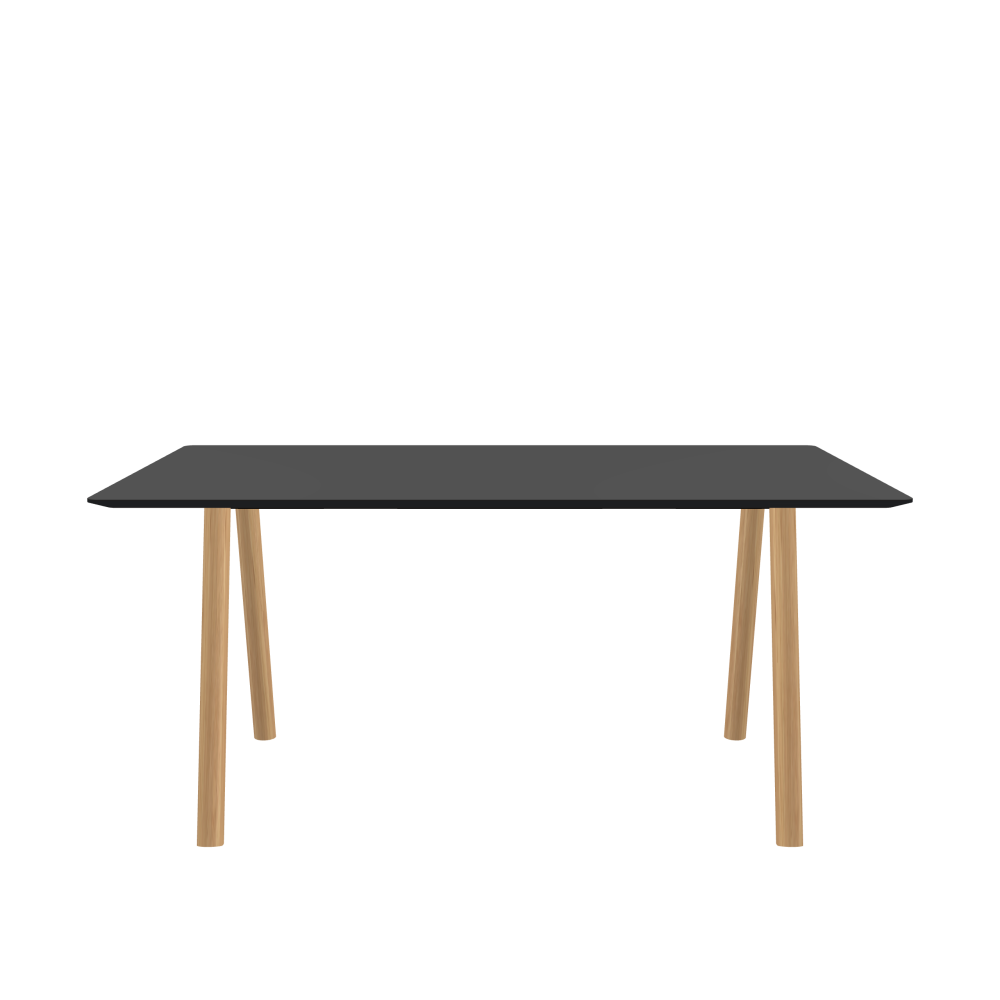 DIN PLUS Table - Shape Square - Length 160.00 cm - Width 90.00 cm - Radius 2.60 cm - Thickness 2.1 cm - Freeform 1.00000000 - Surface Linoleum, 4012 Basalt - Core MDF - Edge MDF, Black - Profile Edge 25° / DIN PLUS Table Frame - Material and Colour Wood, Oak, matt oiled - Length 126 cm - Width S - Leg Profile Round - Set 2 Pieces