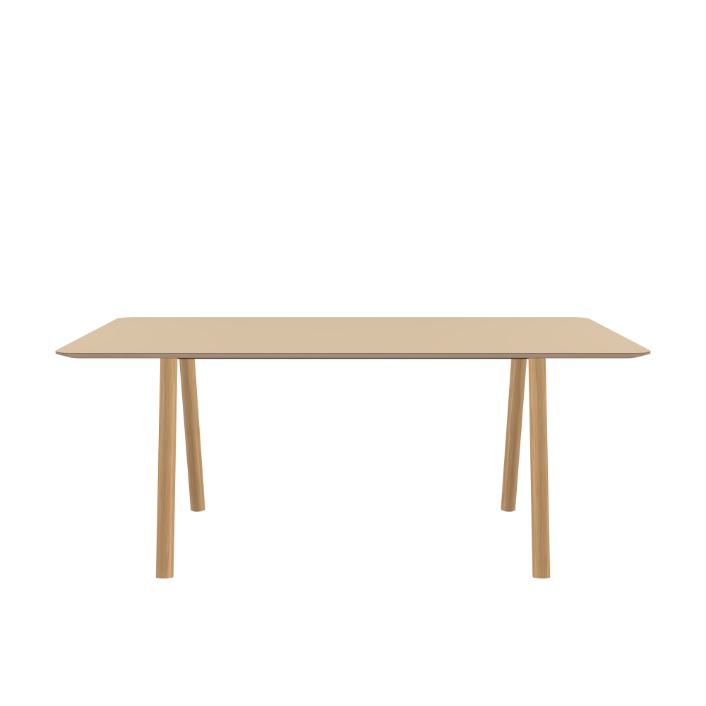 DIN PLUS Table - Shape Square - Length 180.00 cm - Width 90.00 cm - Radius 6.00 cm - Thickness 2 cm - Freeform 1.00000000 - Surface Linoleum, 4007 Macadamia - Core Birch Plywood - Profile Edge 25° / DIN PLUS Table Frame - Material and Colour Wood, Oak, matt oiled - Length 126 cm - Width S - Leg Profile Round - Set 2 Pieces