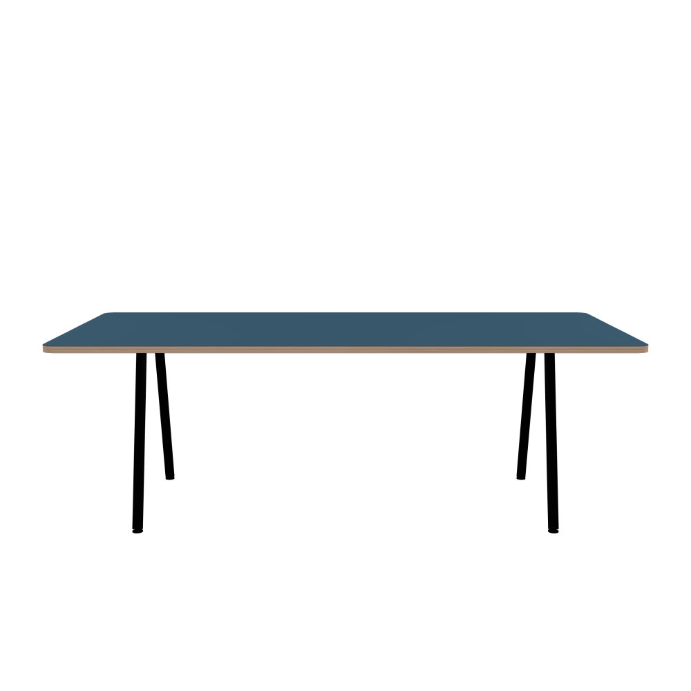 DIN PLUS Table - Shape Square - Length 220.00 cm - Width 100.00 cm - Radius 5.00 cm - Thickness 2.6 cm - Freeform 1.00000000 - Surface Linoleum, 4005 Denim - Core Birch Plywood - Profile Edge 90° / DIN PLUS Table Frame - Material and Colour Powder-coated steel, Jet Black (RAL 9005) - Length 166 cm - Width S - Leg Profile Round - Set 2 Pieces