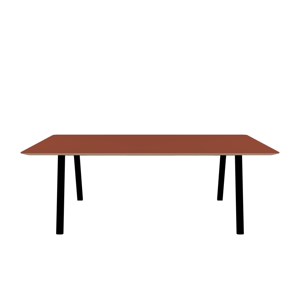 DIN PLUS Table - Shape Square - Length 220.00 cm - Width 130.00 cm - Radius 5.00 cm - Thickness 2.6 cm - Freeform 1.00000000 - Surface Linoleum, 4008 Brick - Core Birch Plywood - Profile Edge 25° / DIN PLUS Table Frame - Material and Colour Powder-coated steel, Jet Black (RAL 9005) - Length 166 cm - Width L - Leg Profile Rectangular - Set 2 Pieces