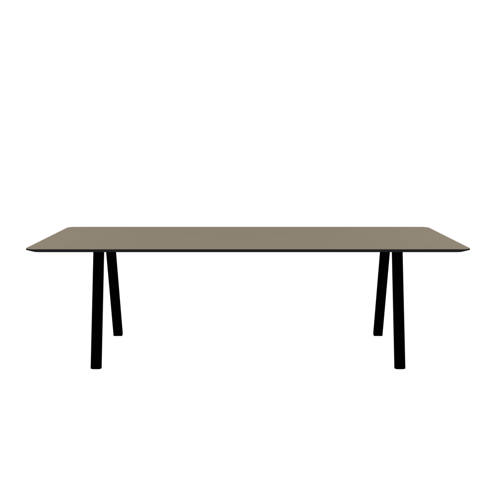 DIN PLUS Table - Shape Square - Length 250.00 cm - Width 100.00 cm - Radius 5.00 cm - Thickness 2.1 cm - Freeform 1.00000000 - Surface Linoleum, 4011 Taupe - Core MDF - Edge MDF, Black - Profile Edge 25° / DIN PLUS Table Frame - Material and Colour Powder-coated steel, Jet Black (RAL 9005) - Length 186 cm - Width S - Leg Profile Rectangular - Set 2 Pieces