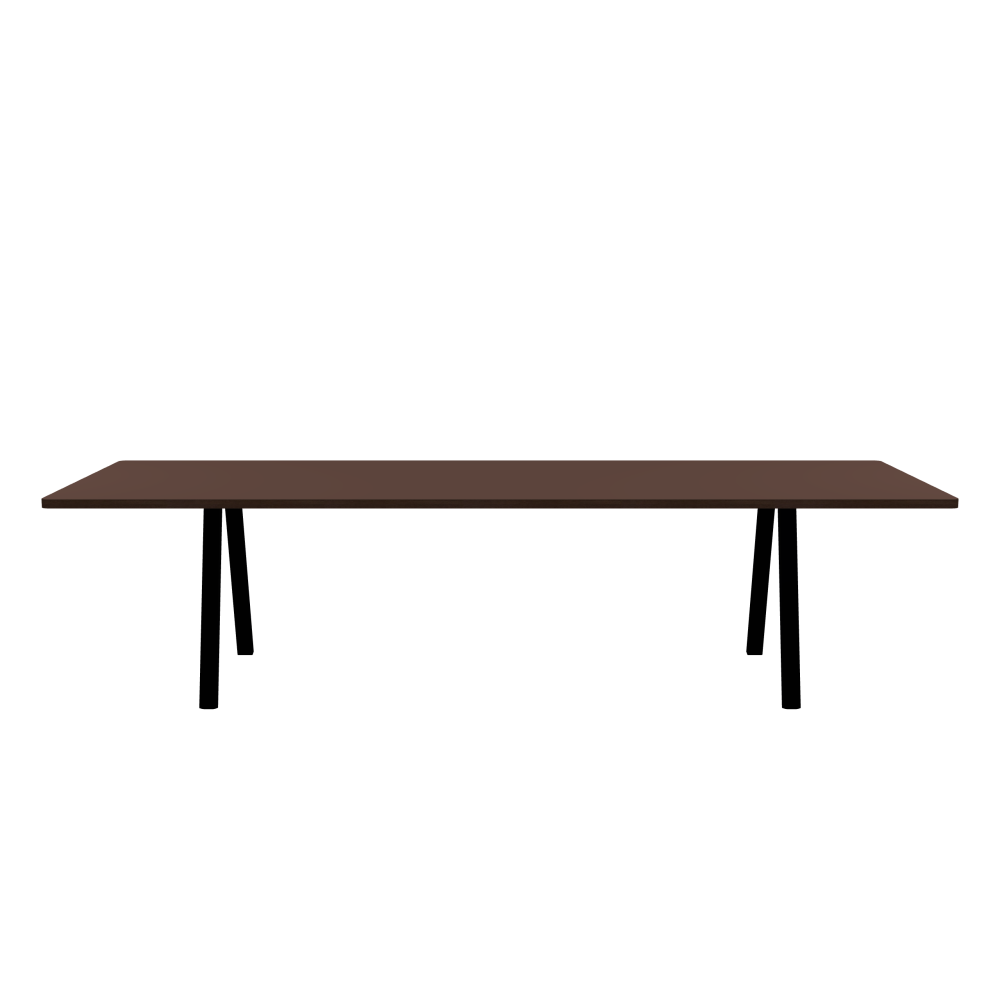 DIN PLUS Table - Shape Square - Length 300.00 cm - Width 100.00 cm - Radius 2.60 cm - Thickness 3 cm - Surface Linoleum, 4009 Espresso - Core Laminboard - Edge Wood, Fumed Oak - Profile Edge 90° / DIN PLUS Table Frame - Material and Colour Powder-coated steel, Jet Black (RAL 9005) - Length 206 cm - Width S - Leg Profile Rectangular - Set 2 Pieces
