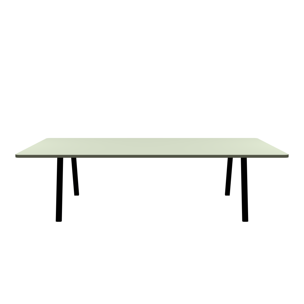 DIN PLUS Table - Shape Square - Length 280.00 cm - Width 140.00 cm - Radius 5.00 cm - Thickness 3 cm - Freeform 1.00000000 - Surface Linoleum, 4183 Pistachio - Core Laminboard - Edge Linoleum, 4184 Olive - Profile Edge 90° / DIN PLUS Table Frame - Material and Colour Powder-coated steel, Jet Black (RAL 9005) - Length 206 cm - Width L - Leg Profile Rectangular - Set 2 Pieces