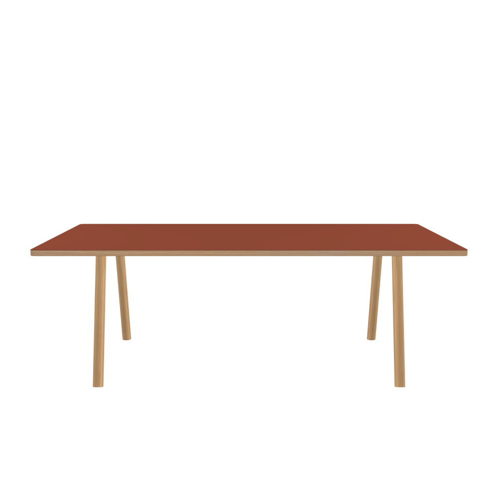 DIN PLUS Table - Shape Square - Length 220.00 cm - Width 110.00 cm - Radius 2.60 cm - Thickness 3 cm - Surface Linoleum, 4008 Brick - Core Laminboard - Edge Wood, Larch - Profile Edge 90° / DIN PLUS Table Frame - Material and Colour Wood, Oak, matt oiled - Length 166 cm - Width M - Leg Profile Round - Set 2 Pieces