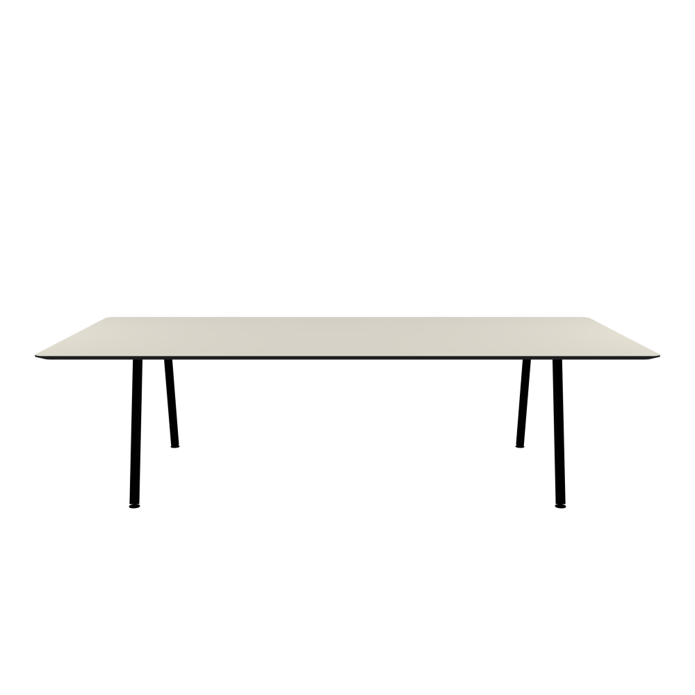 DIN PLUS Table - Shape Square - Length 280.00 cm - Width 140.00 cm - Radius 5.00 cm - Thickness 2.1 cm - Freeform 1.00000000 - Surface Linoleum, 4176 Mushroom - Core MDF - Edge MDF, Black - Profile Edge 25° / DIN PLUS Table Frame - Material and Colour Powder-coated steel, Jet Black (RAL 9005) - Length 206 cm - Width L - Leg Profile Round - Set 2 Pieces