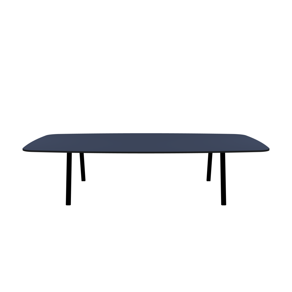 DIN PLUS Table - Shape Soft Barrel - Length 320.00 cm - Width 180.00 cm - Radius 20.00 cm - Thickness 2.1 cm - Freeform 1.00000000 - Surface Linoleum, 4179 Smokey Blue - Core MDF - Edge MDF, Black - Profile Edge 90° / DIN PLUS Table Frame - Material and Colour Powder-coated steel, Jet Black (RAL 9005) - Length 206 cm - Width XL - Leg Profile Rectangular - Set 2 Pieces