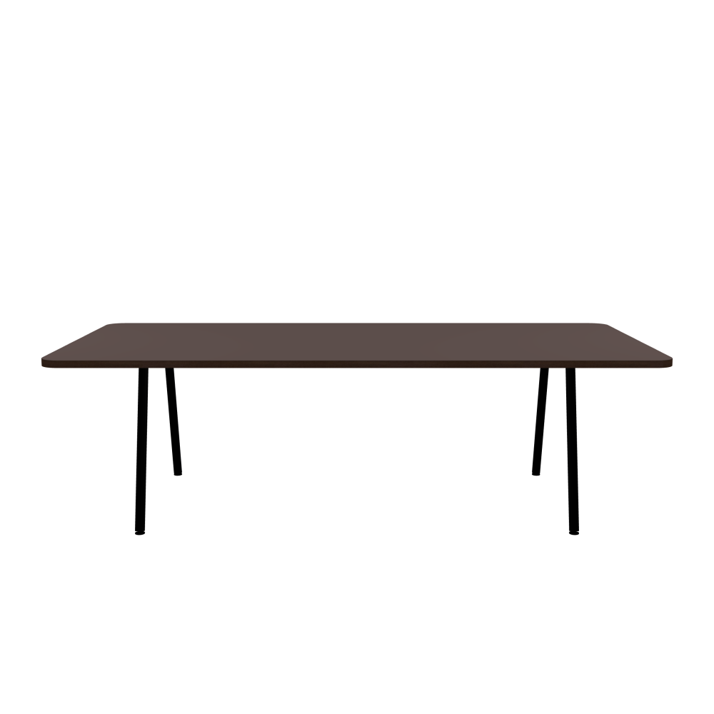 DIN PLUS Table - Shape Square - Length 250.00 cm - Width 120.00 cm - Radius 8.00 cm - Thickness 3 cm - Freeform 1.00000000 - Surface Linoleum, 4172 Mauve - Core Laminboard - Edge Wood, Fumed Oak - Profile Edge 90° / DIN PLUS Table Frame - Material and Colour Powder-coated steel, Jet Black (RAL 9005) - Length 186 cm - Width M - Leg Profile Round - Set 2 Pieces