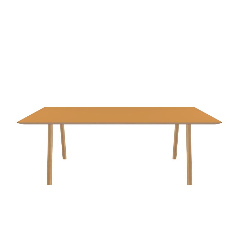DIN PLUS Table - Shape Square - Length 220.00 cm - Width 140.00 cm - Radius 4.00 cm - Thickness 2.6 cm - Freeform 1.00000000 - Surface Linoleum, 4002 Leather - Core Birch Plywood - Profile Edge 25° / DIN PLUS Table Frame - Material and Colour Wood, Oak, matt oiled - Length 166 cm - Width L - Leg Profile Round - Set 2 Pieces