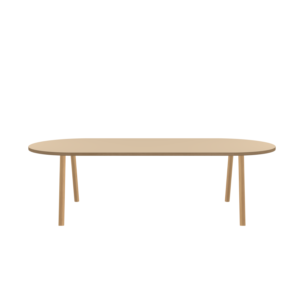 DIN PLUS Table - Shape Square - Length 260.00 cm - Width 110.00 cm - Radius 55.00 cm - Thickness 3 cm - Freeform 1.00000000 - Surface Linoleum, 4007 Macadamia - Core Laminboard - Edge Wood, Oak - Profile Edge 90° / DIN PLUS Table Frame - Material and Colour Wood, Oak, matt oiled - Length 186 cm - Width M - Leg Profile Round - Set 2 Pieces
