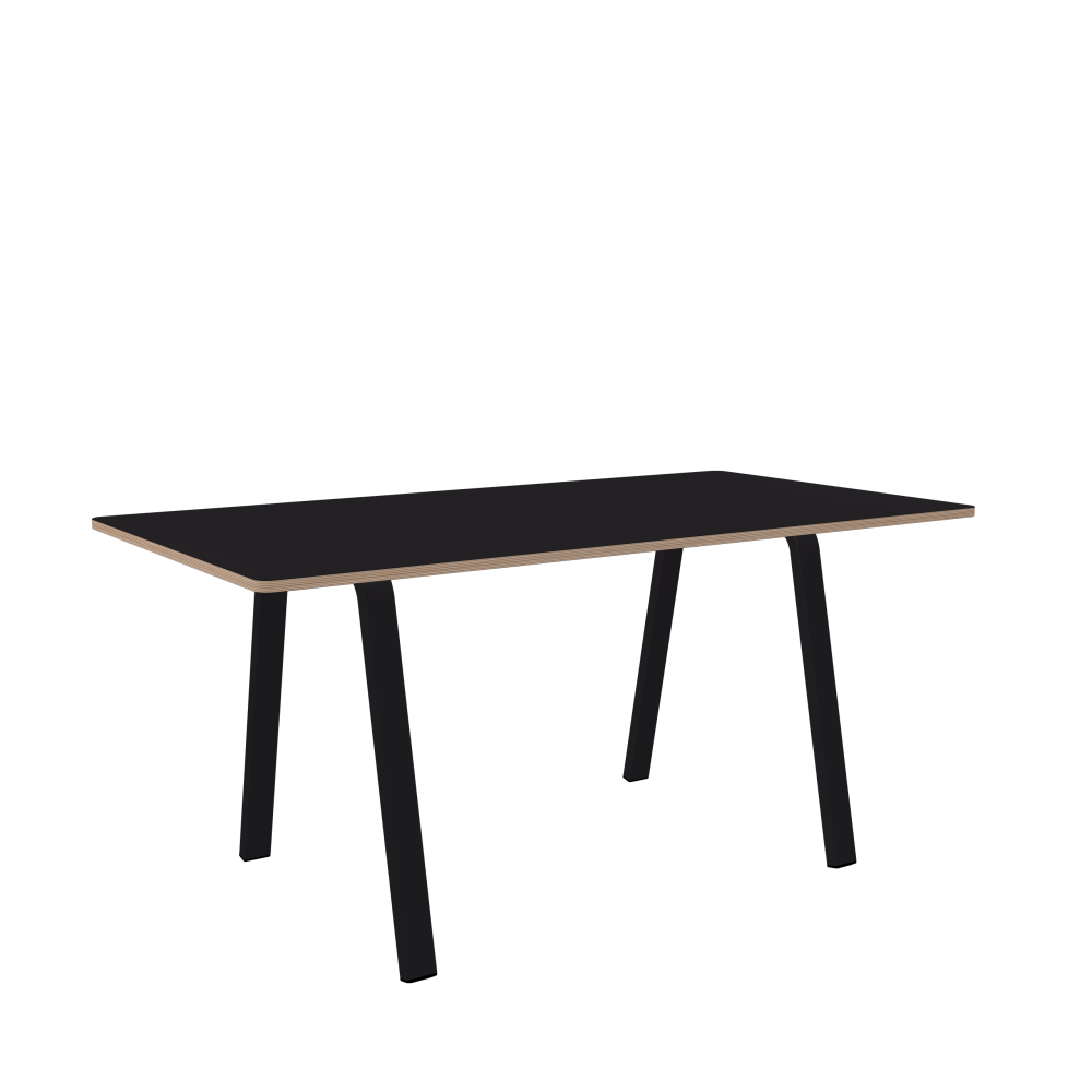 DIN Table - Shape Square - Length 160.00 cm - Width 85.00 cm - Radius 2.60 cm - Thickness 2 cm - Freeform 1.00000000 - Surface Linoleum, 4166 Charcoal - Core Birch Plywood - Profile Edge 90° / DIN Table Frame - Material and Colour Powder-coated steel, Jet Black (RAL 9005) - Width S - Set 2 Pieces