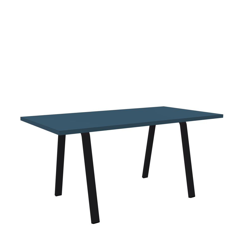 DIN Table - Shape Square - Length 160.00 cm - Width 85.00 cm - Radius 0.30 cm - Thickness 3 cm - Surface Linoleum, 4005 Denim - Core Laminboard - Edge Linoleum, 4005 Denim - Profile Edge 90° / DIN Table Frame - Material and Colour Powder-coated steel, Jet Black (RAL 9005) - Width S - Set 2 Pieces