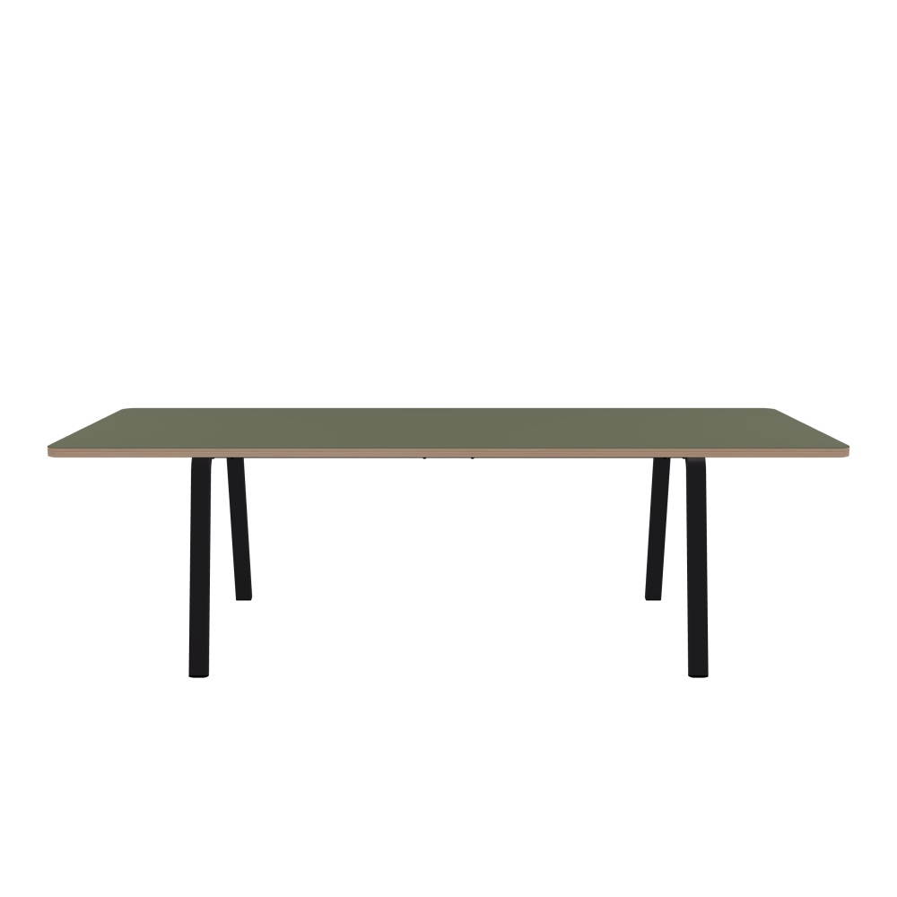 DIN Tisch - Form Eckig - Länge 250,00 cm - Tiefe 100,00 cm - Radius 5,00 cm - Stärke 3 cm - Freiformfläche 1.00000000 - Oberseite Linoleum, 4184 Olive - Kern Stäbchenplatte - Kante Multiplex - Kantenschräge 90° / DIN Tischgestell - Materialien und Farben Pulverbeschichteter Stahl, Jet Black (RAL 9005) - Breite M - Set 2 Stück