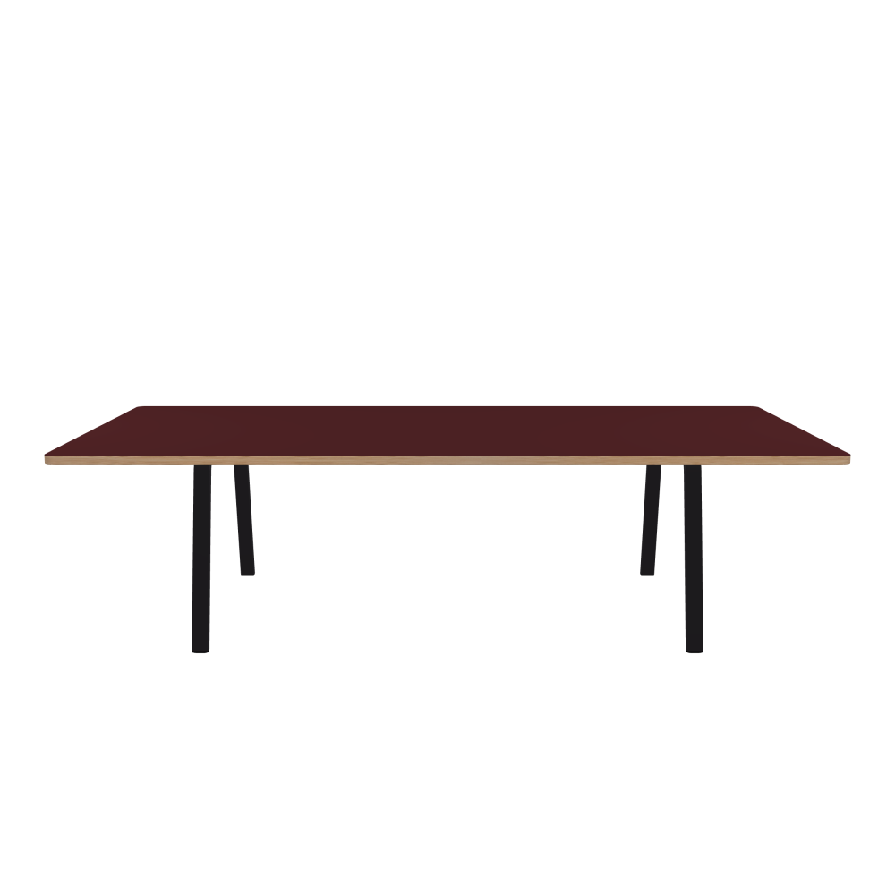 DIN Tisch - Form Eckig - Länge 280,00 cm - Tiefe 140,00 cm - Radius 4,00 cm - Stärke 3 cm - Oberseite Linoleum, 4154 Burgundy - Kern Stäbchenplatte - Kante Holz, Lärche - Kantenschräge 90° / DIN Tischgestell - Materialien und Farben Pulverbeschichteter Stahl, Jet Black (RAL 9005) - Breite L - Set 2 Stück
