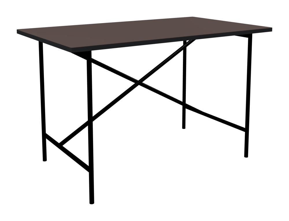 E2 Table - Shape Square - Length 120.00 cm - Width 70.00 cm - Radius 1.00 cm - Thickness 2.1 cm - Freeform 1.00000000 - Surface Linoleum, 4172 Mauve - Core MDF - Edge MDF, Black - Profile Edge 90° / E2 Table Frame - Material and Colour Steel, Jet black (RAL 9005) - Cross bar Shifted - Length 100 cm - Width 60 cm - Height 72 cm