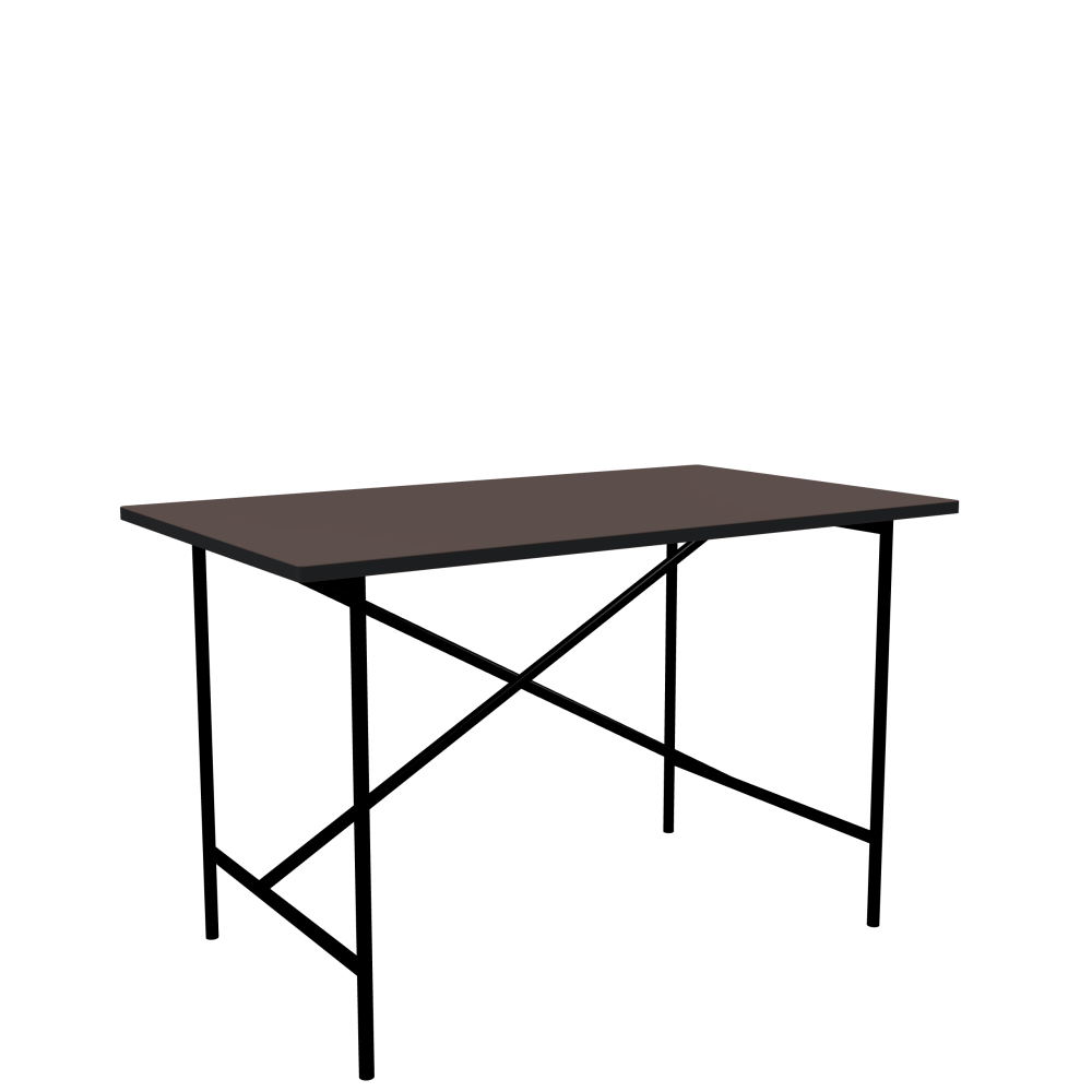 E2 Table - Shape Square - Length 120.00 cm - Width 70.00 cm - Radius 1.00 cm - Thickness 2.1 cm - Freeform 1.00000000 - Surface Linoleum, 4172 Mauve - Core MDF - Edge MDF, Black - Profile Edge 90° / E2 Table Frame - Material and Colour Steel, Jet black (RAL 9005) - Cross bar Shifted - Length 100 cm - Width 60 cm - Height 72 cm