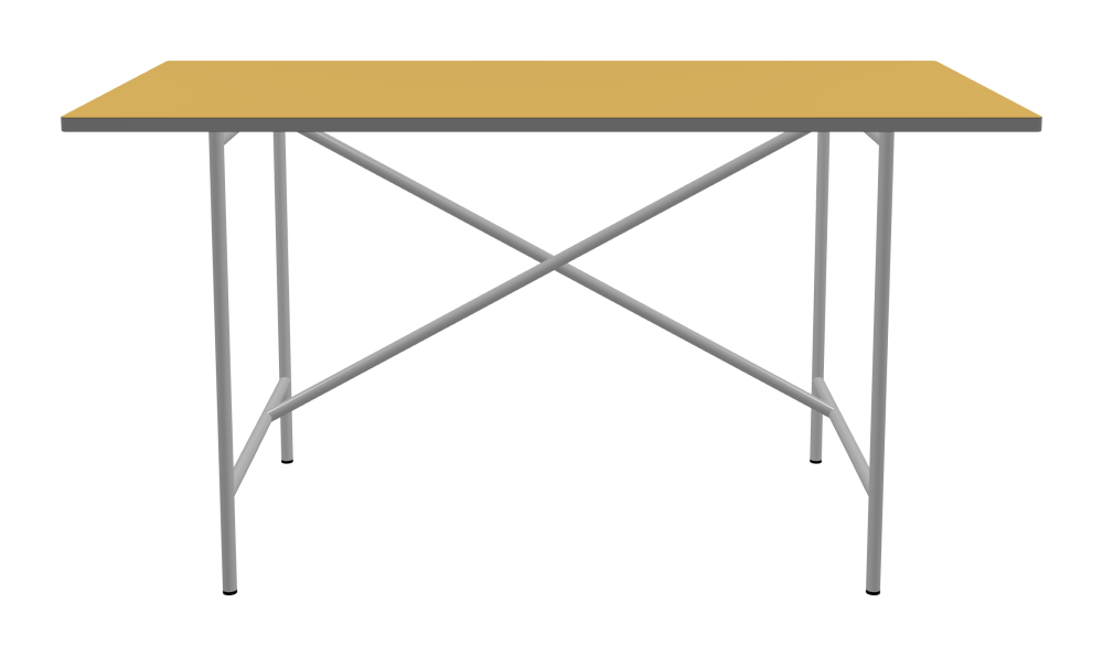 E2 Table - Shape Square - Length 140.00 cm - Width 70.00 cm - Radius 1.00 cm - Thickness 2.1 cm - Freeform 1.00000000 - Surface Linoleum, S588 Pure Linoleum - Core MDF - Edge MDF, Grey - Profile Edge 90° / E2 Table Frame - Material and Colour Steel, White aluminium (RAL 9006) - Cross bar Shifted - Length 100 cm - Width 60 cm - Height 72 cm