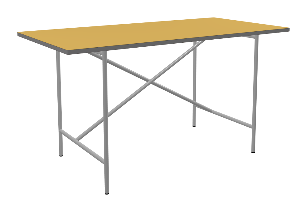E2 Table - Shape Square - Length 140.00 cm - Width 70.00 cm - Radius 1.00 cm - Thickness 2.1 cm - Freeform 1.00000000 - Surface Linoleum, S588 Pure Linoleum - Core MDF - Edge MDF, Grey - Profile Edge 90° / E2 Table Frame - Material and Colour Steel, White aluminium (RAL 9006) - Cross bar Shifted - Length 100 cm - Width 60 cm - Height 72 cm
