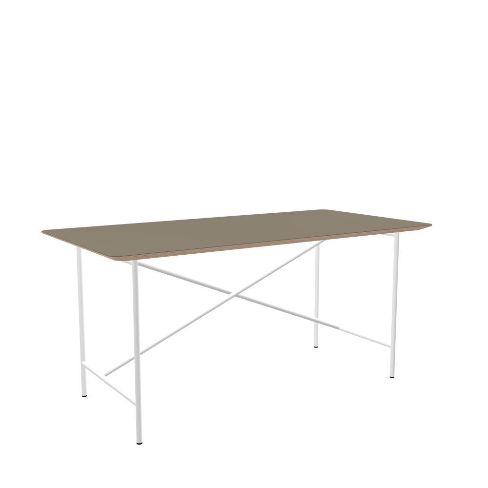 E2 Table - Shape Square - Length 160.00 cm - Width 80.00 cm - Radius 4.00 cm - Thickness 2.6 cm - Freeform 1.00000000 - Surface Linoleum, 4011 Taupe - Core Birch Plywood - Profile Edge 25° / E2 Table Frame - Material and Colour Steel, Traffic white (RAL 9016) - Cross bar Shifted - Length 135 cm - Width 60 cm - Height 72 cm