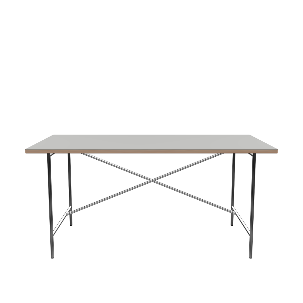 E2 Tisch - Form Eckig - Länge 160,00 cm - Tiefe 80,00 cm - Radius 1,00 cm - Stärke 2,6 cm - Freiformfläche 1.00000000 - Oberseite Linoleum, 4175 Pebble - Kern Multiplex Birke - Kantenschräge 90° / E2 Tischgestell - Material und Farbe Stahl, Verchromt - Kreuzstreben Versetzt - Länge 135 cm - Breite 70 cm - Höhe 72 cm