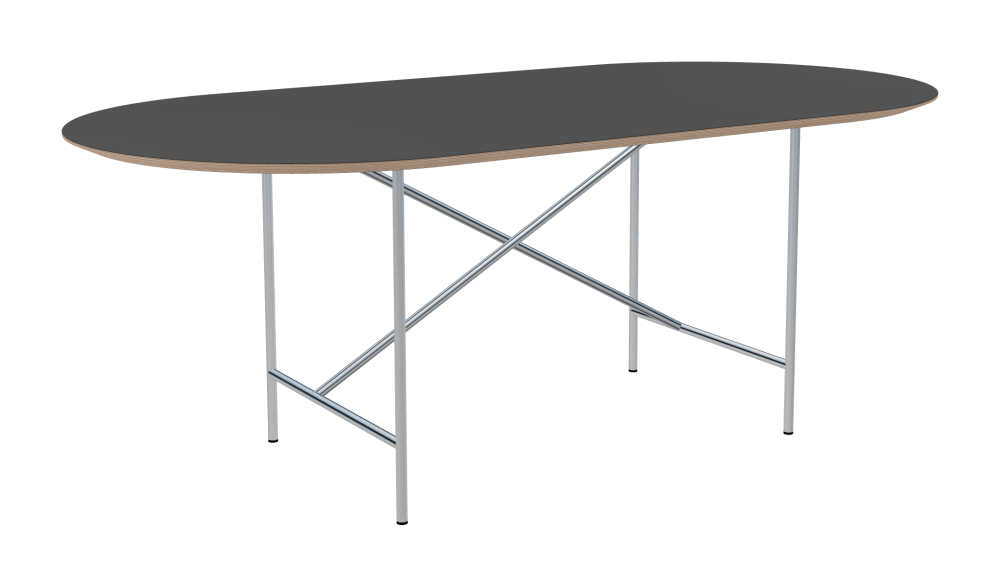E2 Table - Shape Square - Length 200.00 cm - Width 100.00 cm - Radius 50.00 cm - Thickness 2.6 cm - Freeform 1.00000000 - Surface Linoleum, 4012 Basalt - Core Birch Plywood - Profile Edge 25° / E2 Table Frame - Material and Colour Steel, Clear-coated - Cross bar Shifted - Length 135 cm - Width 60 cm - Height 72 cm