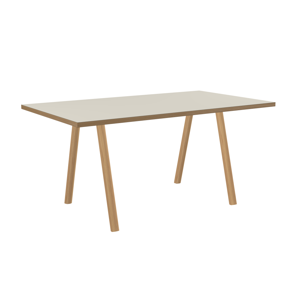 DIN PLUS Table - Shape Square - Length 159.90 cm - Width 90.00 cm - Radius 0.30 cm - Thickness 3 cm - Surface Linoleum, 4176 Mushroom - Core Laminboard - Edge Wood, Oak - Profile Edge 90° / DIN PLUS Table Frame - Material and Colour Wood, Oak, matt oiled - Length 106 cm - Width S - Leg Profile Round - Set 2 Pieces