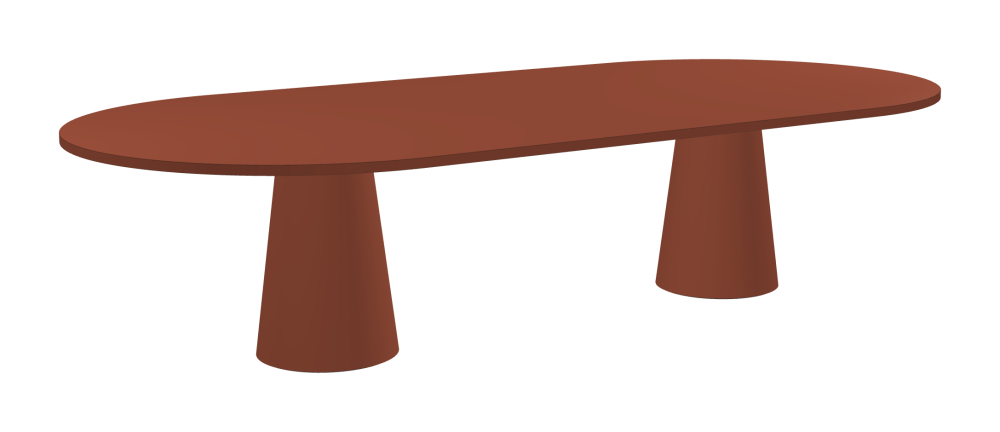 ALT Table - Shape Square - Length 320.00 cm - Width 150.00 cm - Radius 75.00 cm - Thickness 3 cm - Freeform 1.00000000 - Surface Linoleum, 4008 Brick - Core Laminboard - Edge Linoleum, 4008 Brick - Profile Edge 90° / ALT Table Stand - Surface Linoleum, 4008 Brick - Size L: Ø 42 × H 72 cm