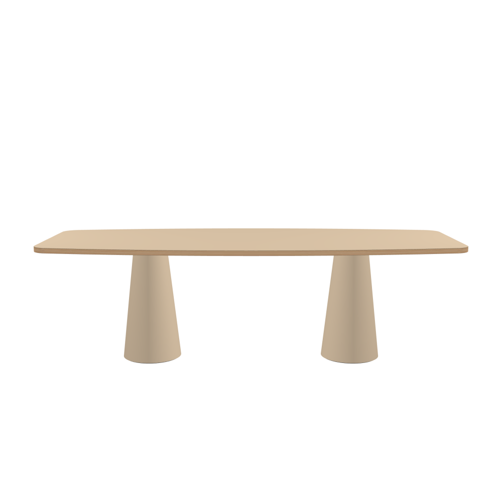 ALT Tisch - Form Tonnenform eckig - Länge 250,00 cm - Tiefe 100,00 cm - Radius 10,00 cm - Stärke 3 cm - Freiformfläche 1.00000000 - Oberseite Linoleum, 4007 Macadamia - Kern Stäbchenplatte - Kante Holz, Lärche - Kantenschräge 90° / ALT Tischsäule - Oberseite Linoleum, 4007 Macadamia - Größe S: Ø 36 × H 72 cm