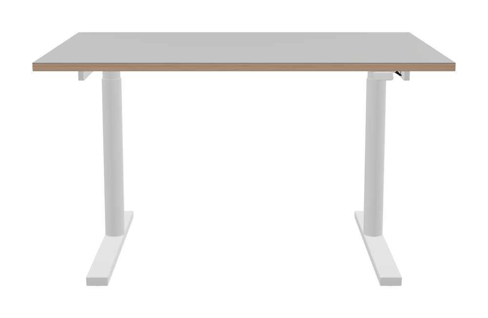 ATS Desk - Shape Square - Length 130.00 cm - Width 80.00 cm - Radius 0.30 cm - Thickness 2.6 cm - Surface Linoleum, 4175 Pebble - Core Birch Plywood - Profile Edge 90° / ATS Desk Frame - Material and Colour Powder coated, Traffic white (RAL 9016) - Size L 106 × W 71 cm - Lifting Columns Round - Control Unit Standard