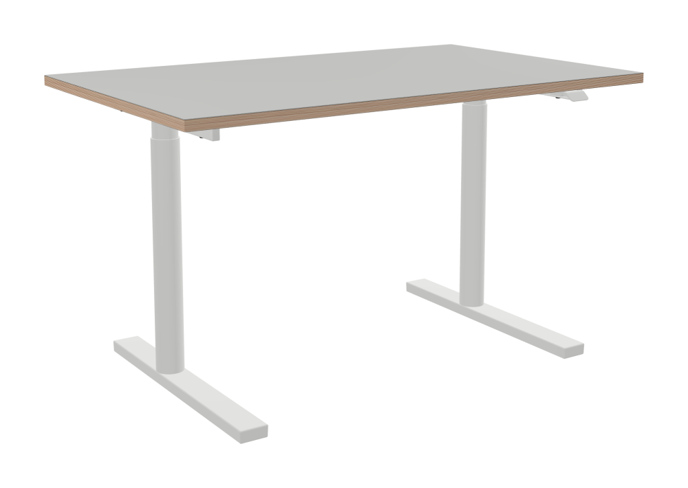 ATS Desk - Shape Square - Length 130.00 cm - Width 80.00 cm - Radius 0.30 cm - Thickness 2.6 cm - Surface Linoleum, 4175 Pebble - Core Birch Plywood - Profile Edge 90° / ATS Desk Frame - Material and Colour Powder coated, Traffic white (RAL 9016) - Size L 106 × W 71 cm - Lifting Columns Round - Control Unit Standard