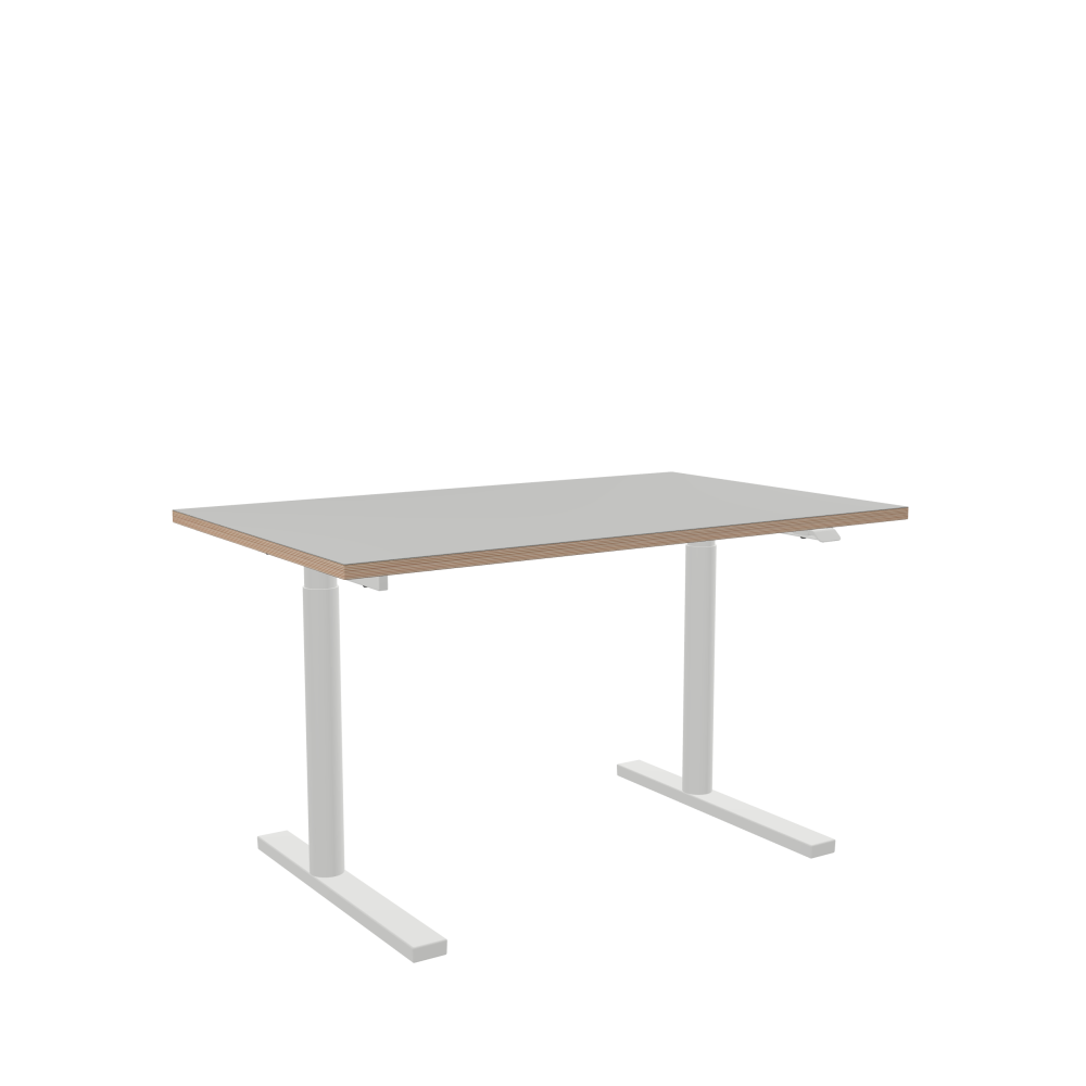 ATS Desk - Shape Square - Length 130.00 cm - Width 80.00 cm - Radius 0.30 cm - Thickness 2.6 cm - Surface Linoleum, 4175 Pebble - Core Birch Plywood - Profile Edge 90° / ATS Desk Frame - Material and Colour Powder coated, Traffic white (RAL 9016) - Size L 106 × W 71 cm - Lifting Columns Round - Control Unit Standard