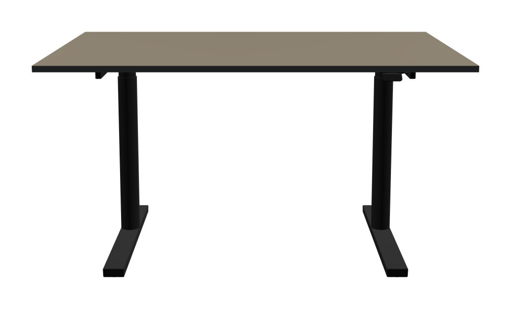 ATS Desk - Shape Square - Length 140.00 cm - Width 90.00 cm - Radius 0.30 cm - Thickness 2.1 cm - Surface Linoleum, 4011 Taupe - Core MDF - Edge MDF, Black - Profile Edge 90° / ATS Desk Frame - Material and Colour Powder coated, Jet black (RAL 9005) - Size L 106 × W 71 cm - Lifting Columns Round - Control Unit Standard