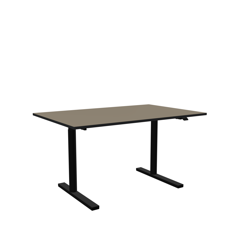 ATS Desk - Shape Square - Length 140.00 cm - Width 90.00 cm - Radius 0.30 cm - Thickness 2.1 cm - Surface Linoleum, 4011 Taupe - Core MDF - Edge MDF, Black - Profile Edge 90° / ATS Desk Frame - Material and Colour Powder coated, Jet black (RAL 9005) - Size L 106 × W 71 cm - Lifting Columns Round - Control Unit Standard