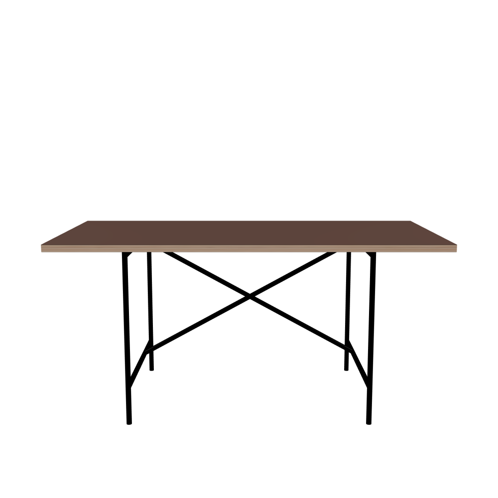 E2 Tisch - Form Eckig - Länge 160,00 cm - Tiefe 80,00 cm - Radius 0,30 cm - Stärke 2,9 cm - Oberseite Linoleum, 4009 Espresso - Kern Multiplex Birke - Kantenschräge 90° / E2 Tischgestell - Material und Farbe Stahl, Tiefschwarz (RAL 9005) - Kreuzstreben Versetzt - Länge 100 cm - Breite 70 cm - Höhe 72 cm