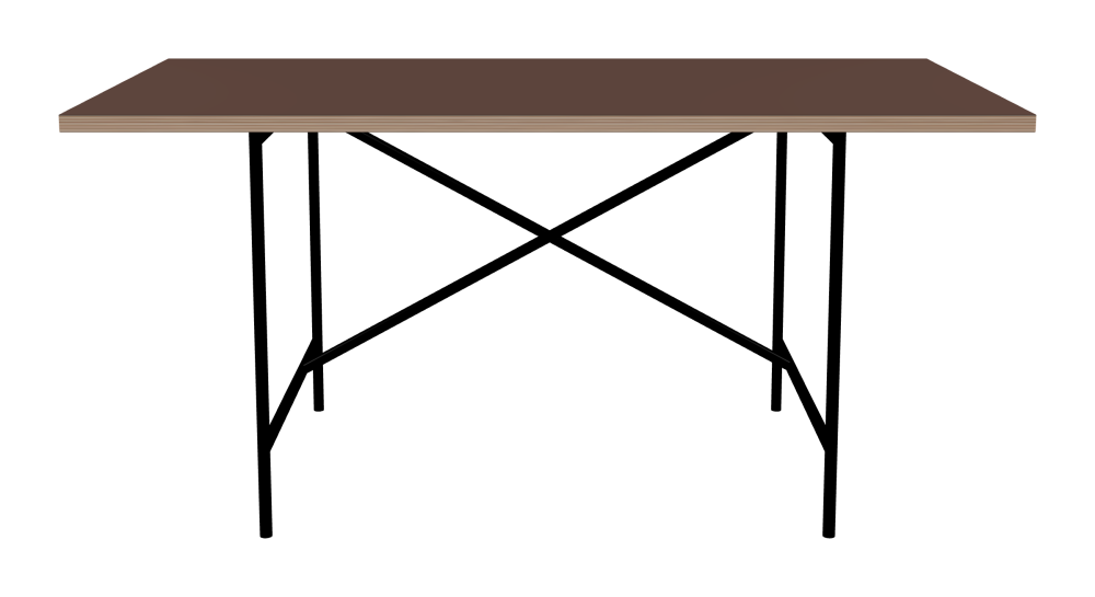 E2 Table - Shape Square - Length 160.00 cm - Width 80.00 cm - Radius 0.30 cm - Thickness 2.9 cm - Surface Linoleum, 4009 Espresso - Core Birch Plywood - Profile Edge 90° / E2 Table Frame - Material and Colour Steel, Jet black (RAL 9005) - Cross bar Shifted - Length 100 cm - Width 70 cm - Height 72 cm