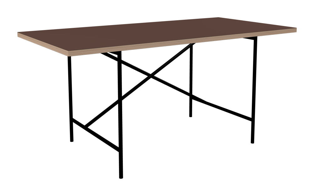 E2 Table - Shape Square - Length 160.00 cm - Width 80.00 cm - Radius 0.30 cm - Thickness 2.9 cm - Surface Linoleum, 4009 Espresso - Core Birch Plywood - Profile Edge 90° / E2 Table Frame - Material and Colour Steel, Jet black (RAL 9005) - Cross bar Shifted - Length 100 cm - Width 70 cm - Height 72 cm