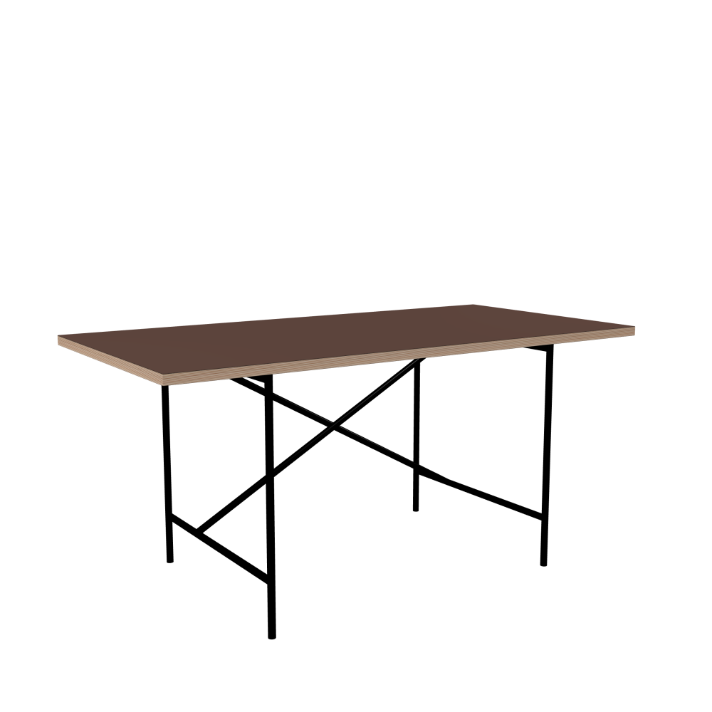 E2 Table - Shape Square - Length 160.00 cm - Width 80.00 cm - Radius 0.30 cm - Thickness 2.9 cm - Surface Linoleum, 4009 Espresso - Core Birch Plywood - Profile Edge 90° / E2 Table Frame - Material and Colour Steel, Jet black (RAL 9005) - Cross bar Shifted - Length 100 cm - Width 70 cm - Height 72 cm
