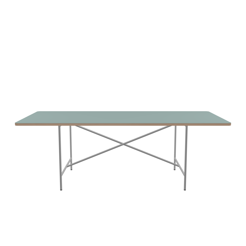 E2 Tisch - Form Eckig - Länge 220,00 cm - Tiefe 100,00 cm - Radius 4,00 cm - Stärke 2,6 cm - Freiformfläche 1.00000000 - Oberseite Linoleum, 4004 Blue Haze - Kern Multiplex Birke - Kantenschräge 90° / E2 Tischgestell - Material und Farbe Stahl, Weißaluminium (RAL 9006) - Kreuzstreben Mittig - Länge 135 cm - Breite 78 cm - Höhe 72 cm
