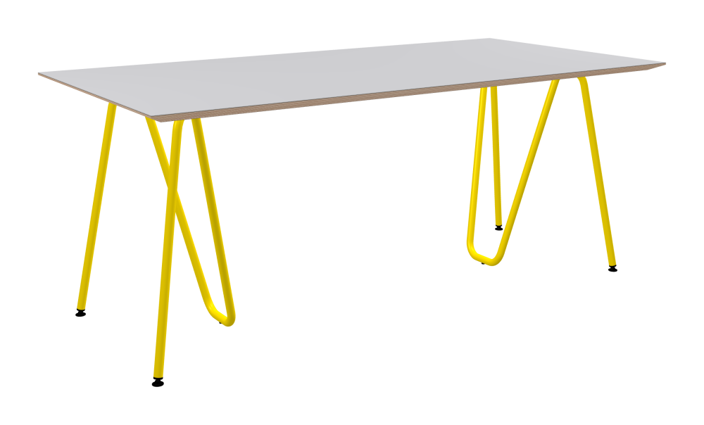 SINUS Table - Shape Square - Length 180.00 cm - Width 90.00 cm - Radius 0.30 cm - Thickness 2.6 cm - Surface Linoleum, 4177 Vapour - Core Birch Plywood - Profile Edge 25° / SINUS Trestles - Material and Colour Steel, Powder-coated, Zinc yellow (RAL 1018) - Size M: L 63 × W 36 × H 72 cm