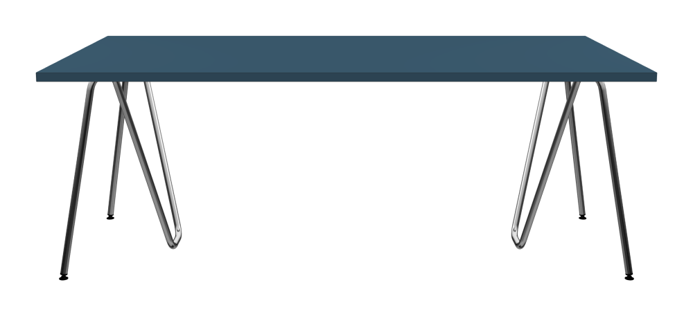 SINUS Table - Shape Square - Length 200.00 cm - Width 100.00 cm - Radius 0.30 cm - Thickness 3 cm - Surface Linoleum, 4005 Denim - Core Laminboard - Edge Linoleum, 4005 Denim - Profile Edge 90° / SINUS Trestles - Material and Colour Steel, Chrome-plated - Size L: L 74 × W 36 × H 72 cm