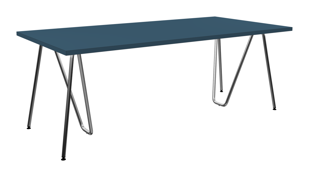 SINUS Table - Shape Square - Length 200.00 cm - Width 100.00 cm - Radius 0.30 cm - Thickness 3 cm - Surface Linoleum, 4005 Denim - Core Laminboard - Edge Linoleum, 4005 Denim - Profile Edge 90° / SINUS Trestles - Material and Colour Steel, Chrome-plated - Size L: L 74 × W 36 × H 72 cm