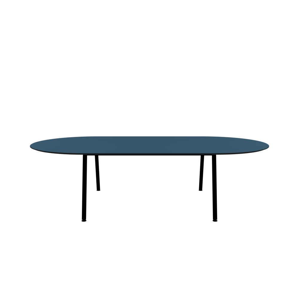 DIN PLUS Table - Shape Square - Length 280.00 cm - Width 140.00 cm - Radius 70.00 cm - Thickness 2.1 cm - Freeform 1.00000000 - Surface Linoleum, 4005 Denim - Core MDF - Edge MDF, Black - Profile Edge 25° / DIN PLUS Table Frame - Material and Colour Powder-coated steel, Jet Black (RAL 9005) - Length 146 cm - Width XL - Leg Profile Round - Set 2 Pieces