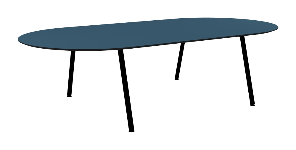 DIN PLUS Table - Shape Square - Length 280.00 cm - Width 140.00 cm - Radius 70.00 cm - Thickness 2.1 cm - Freeform 1.00000000 - Surface Linoleum, 4005 Denim - Core MDF - Edge MDF, Black - Profile Edge 25° / DIN PLUS Table Frame - Material and Colour Powder-coated steel, Jet Black (RAL 9005) - Length 146 cm - Width XL - Leg Profile Round - Set 2 Pieces
