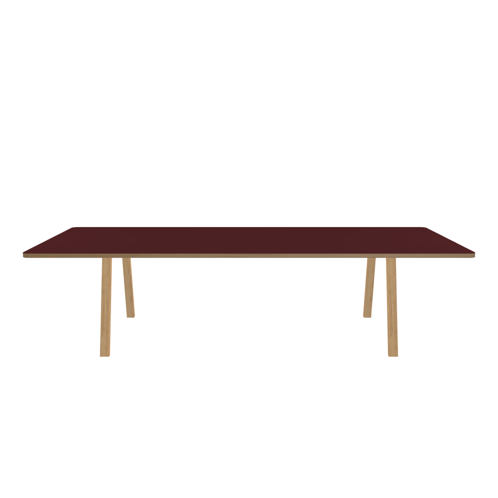 DIN PLUS Table - Shape Square - Length 300.00 cm - Width 140.00 cm - Radius 5.00 cm - Thickness 3 cm - Freeform 1.00000000 - Surface Linoleum, 4154 Burgundy - Core Laminboard - Edge Wood, Oak - Profile Edge 90° / DIN PLUS Table Frame - Material and Colour Wood, Oak, matt oiled - Length 206 cm - Width L - Leg Profile Rectangular - Set 2 Pieces